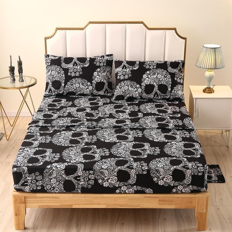 SDIII 4PCS Sugar Skull Twin Sheets Set, Soft Microfiber Gothic Sheets Twin Size Skeleton Printed, Goth Bedding Sheet Set Deep Pocket All Season - Image 3
